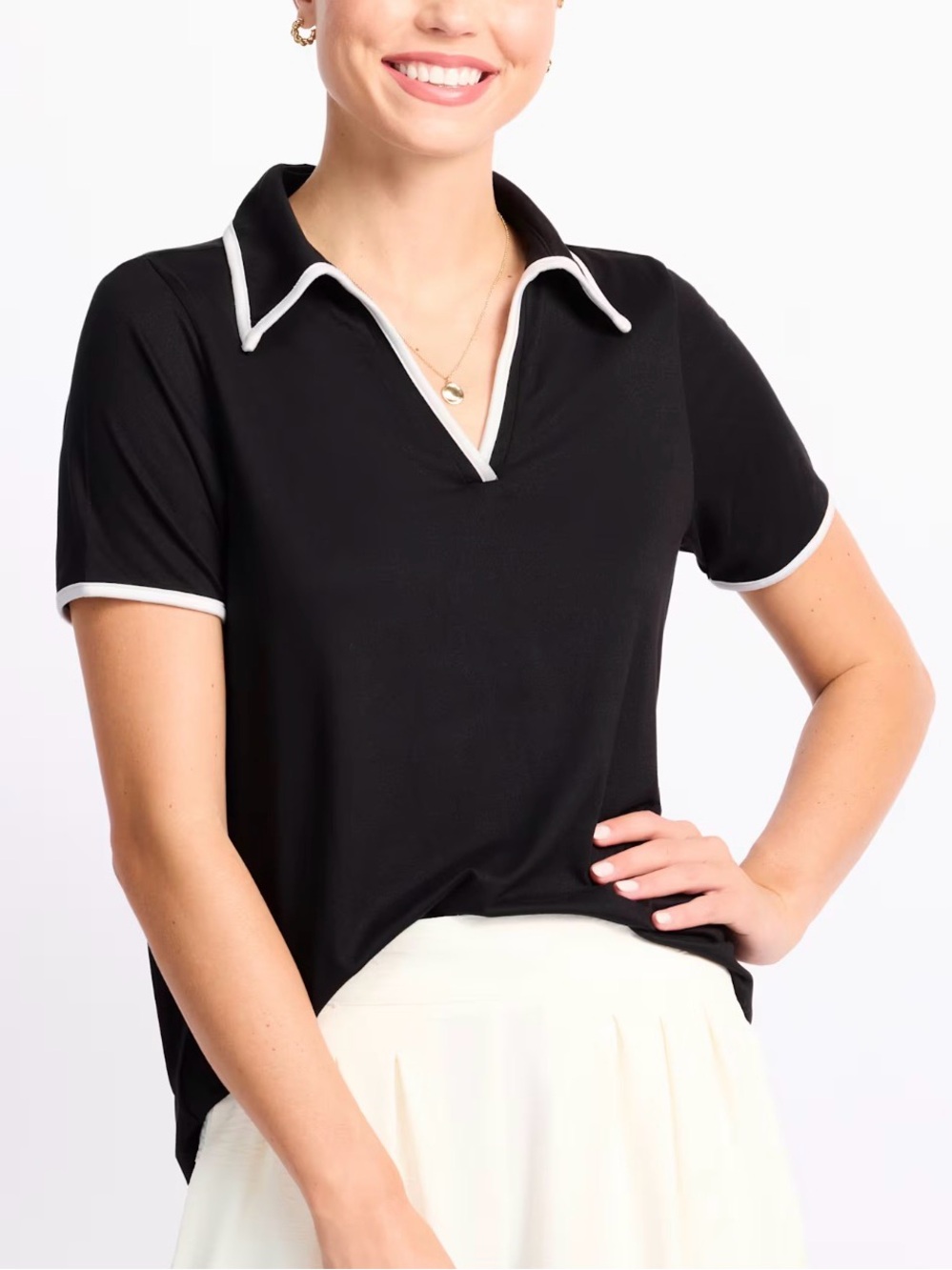 Bobeau Drew Piping Edge Polo Top Black & White Stretch Casual Women’s Large
